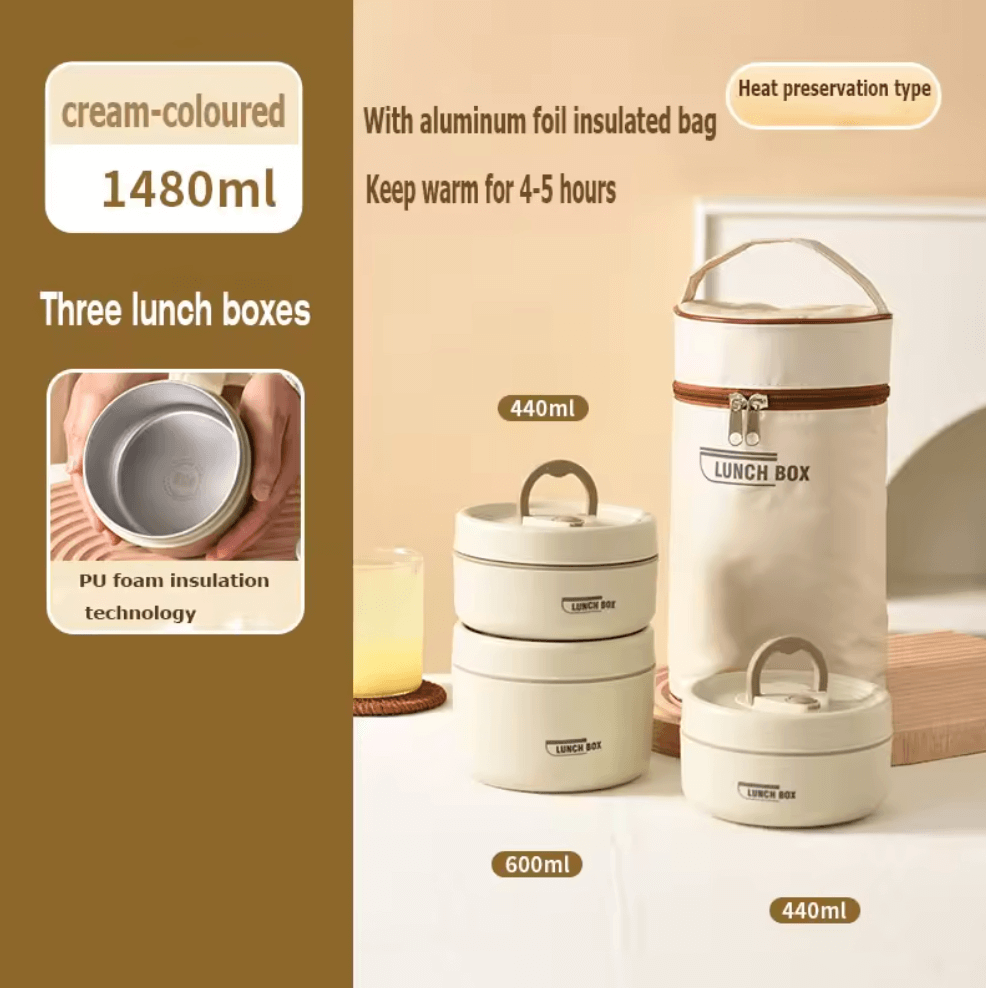 Stainless Steel Insulated Bento Lunch Box Set (1480ml) with Thermal Carry Bag